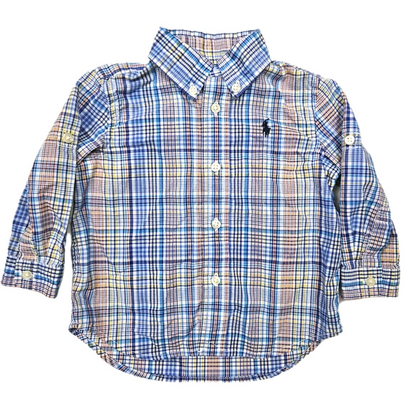 Ralph Lauren Baby Boy 9 Months Short Sleeve Blue Yellow Plaid Button Up Shirt - Picture 1 of 6
